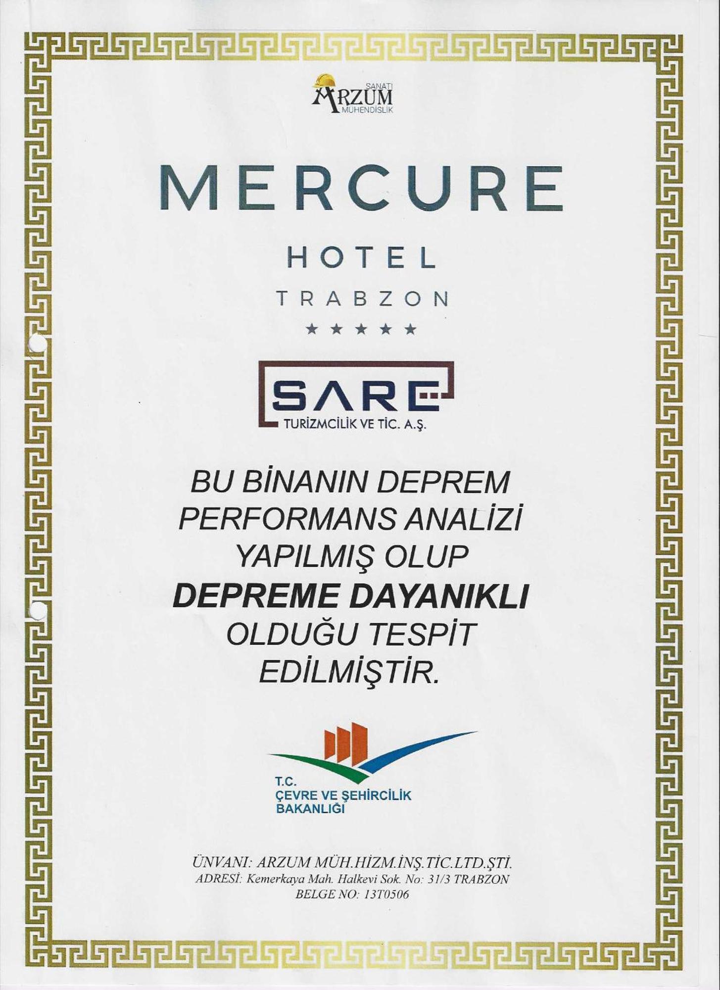 Mercure Trabzon Hotel Esterno foto Earthquake resistant building certificate